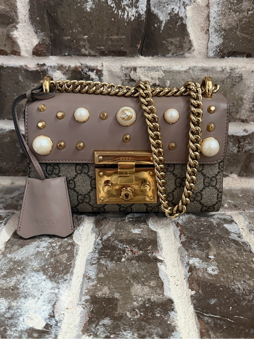 Gucci GG Supreme Faux Pearl Studded Padlock Small Shoulder Bag